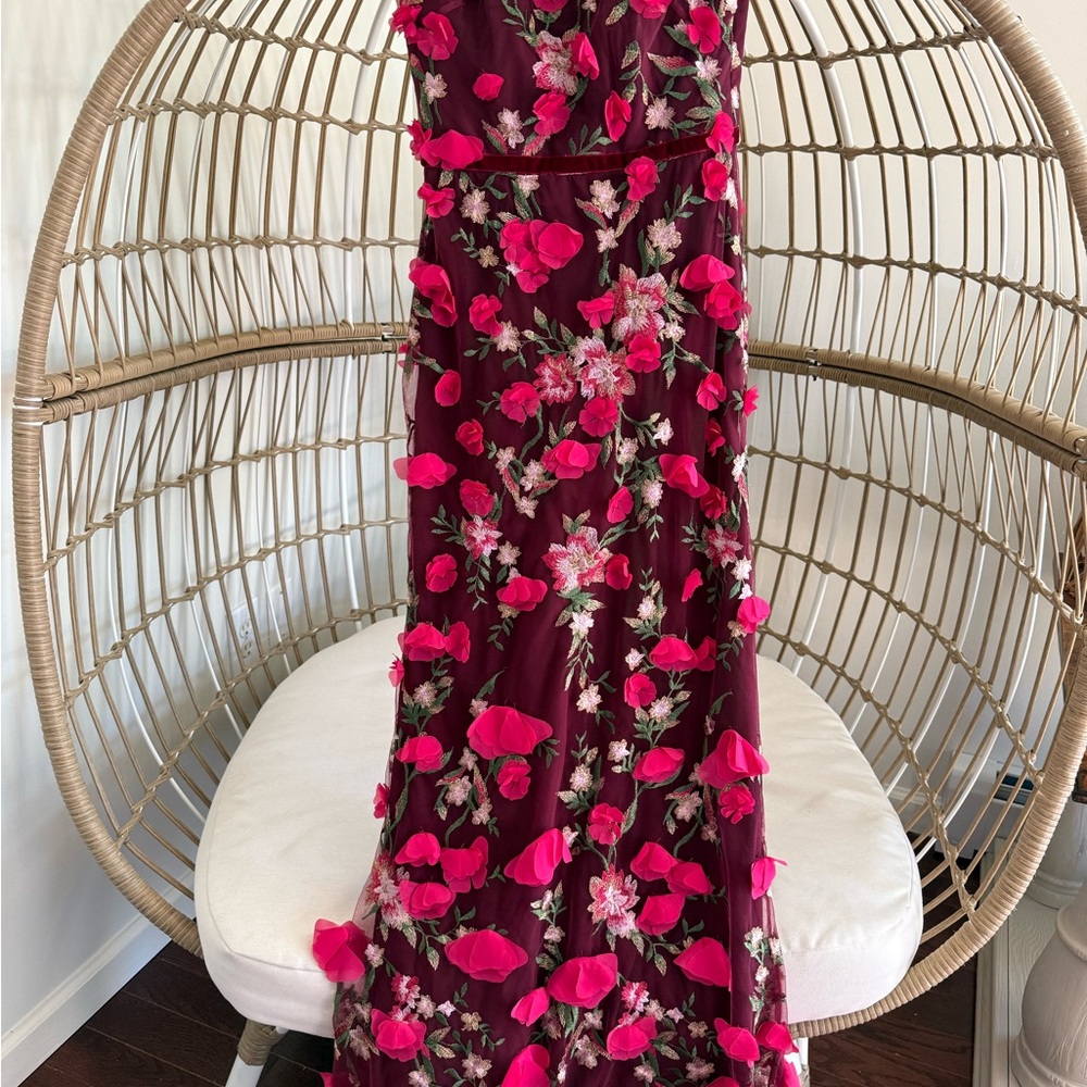 Marchesa Notte Floral Burgundy and Pink Embroidered & Embellished Gown